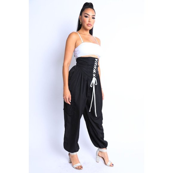 Women's Casual High Waist Cargo Pocket Drawstring Snatch Me Jogger Pants Comfy - Picture 4 of 9